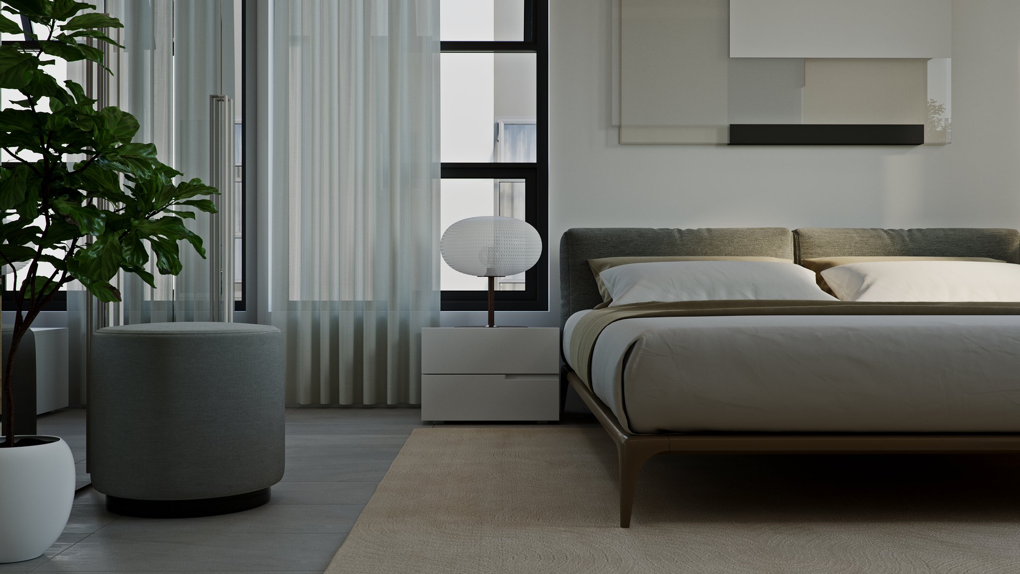 Giffard Park bedroom detail: the corner of the platform bed with white pillows and olive throw, two-drawer nightstand and ribbed lantern lamp, a round grey upholstered ottoman and fig in a white pot at left.