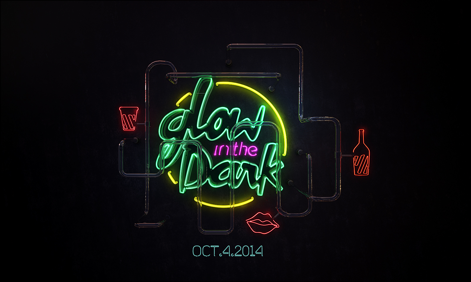 Glow in the Dark neon sign key visual, fully lit on a black wall with the date OCT.4.2014