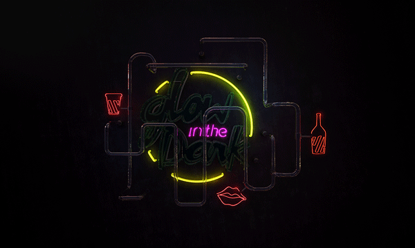 Glow in the Dark — looping neon sign teaser: dead tubing against a black wall, then the green script and yellow circle striking up