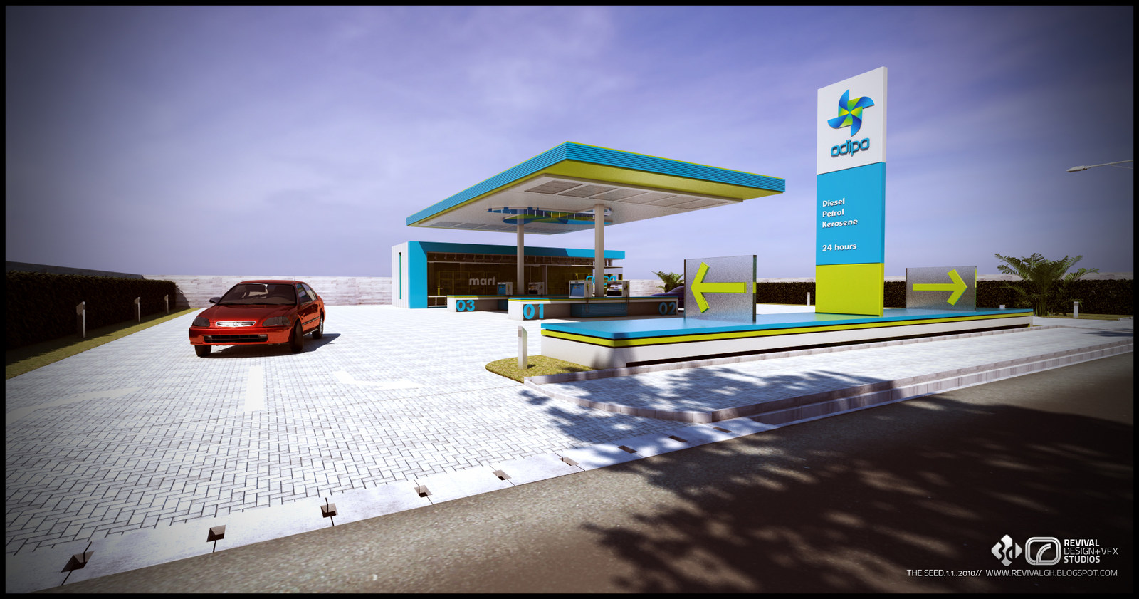 Daytime concept for the adipa station: a teal canopy with a lime-yellow edge on slim columns over numbered pumps, a tall totem listing diesel, petrol, kerosene and 24 hours, and a pale paved forecourt with a red saloon at the pumps.