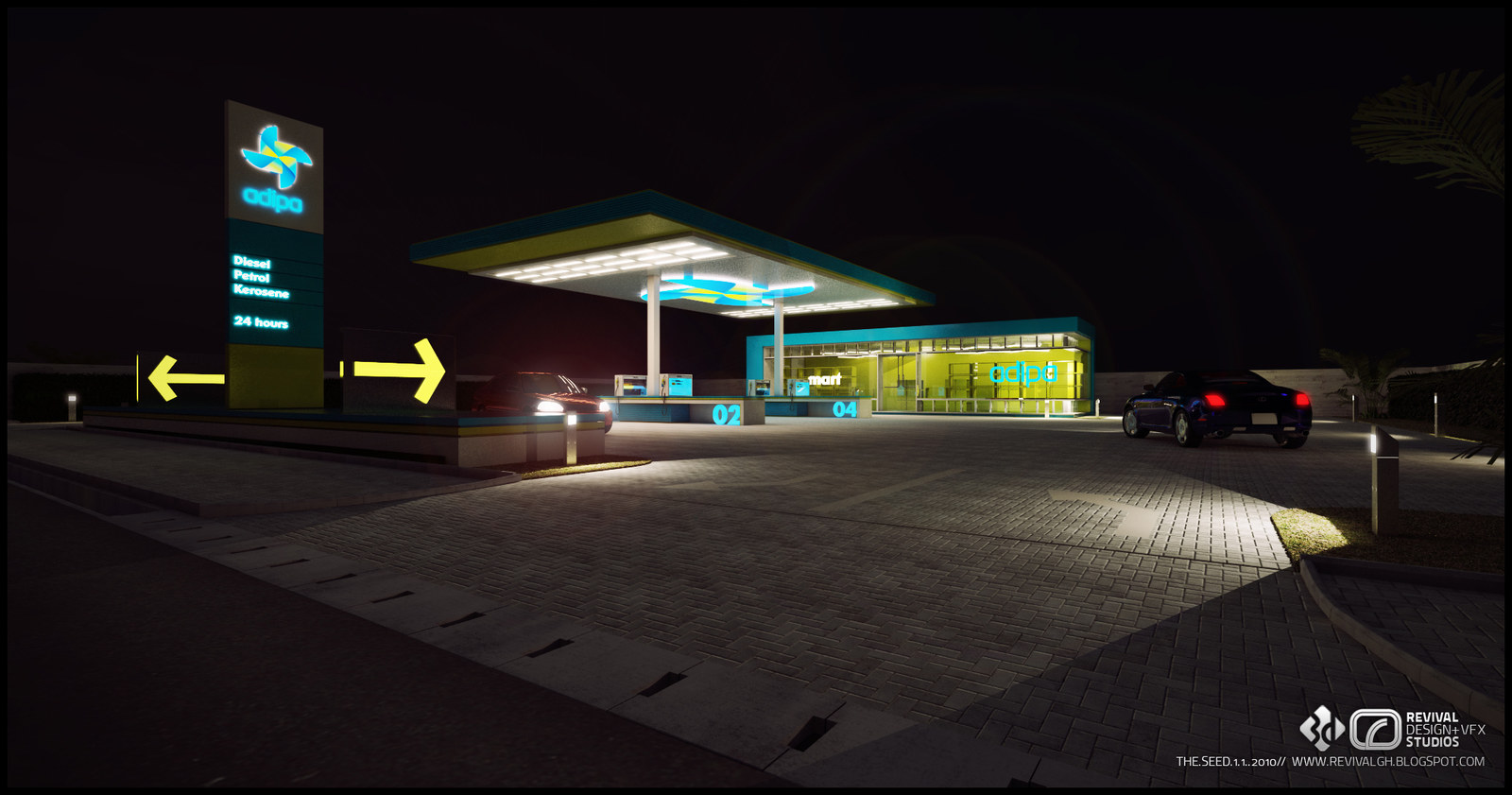 The adipa station at night: the canopy alight from its own ceiling grid, the totem lit with its fuel list, pump numbers picked out in teal and yellow arrows glowing across an empty forecourt.