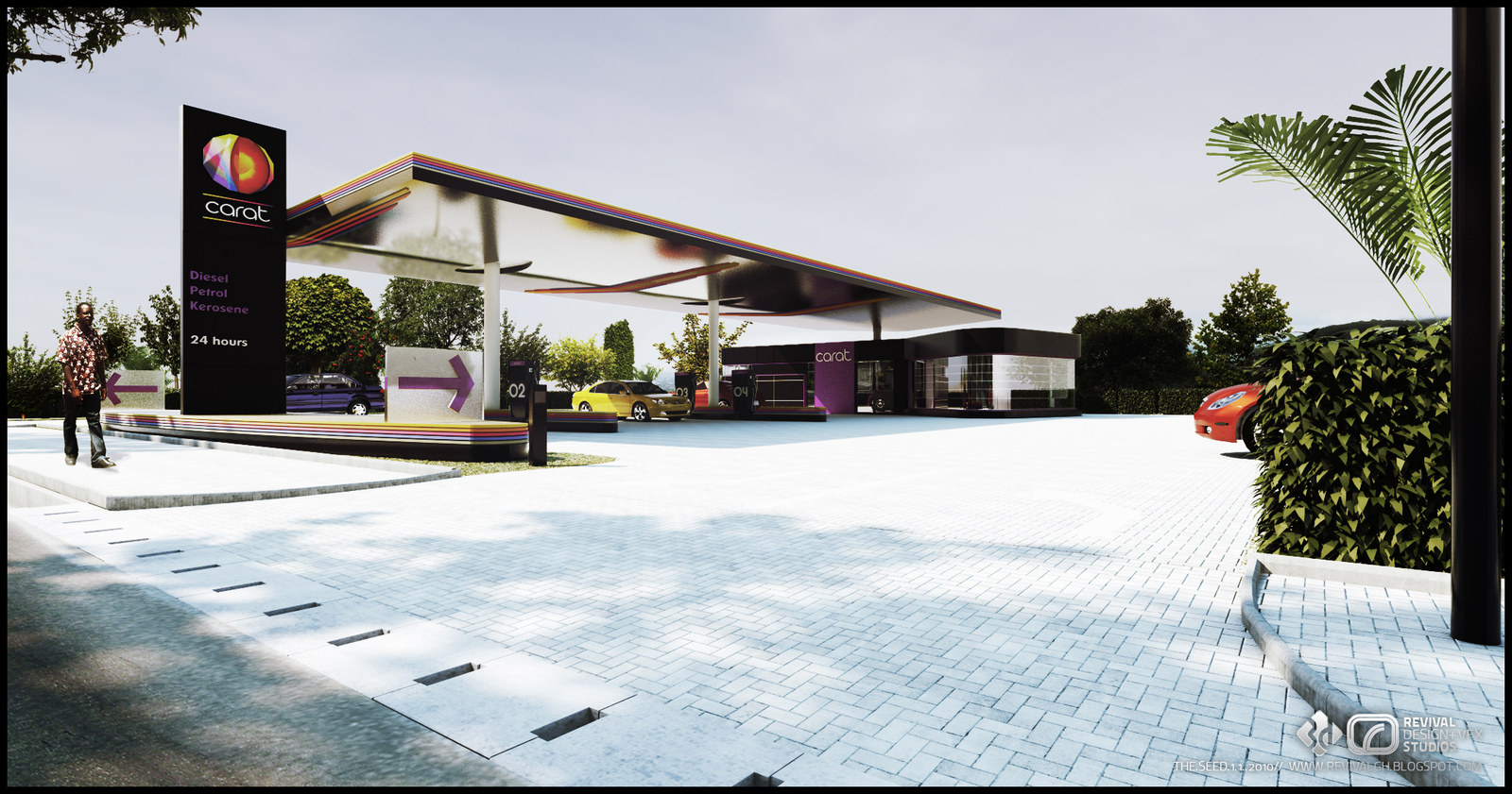 A second identity route, the carat station by day: a dark totem carrying a red-and-amber circular mark, a pale canopy edged in magenta and a purple arrow directing traffic across light paving.