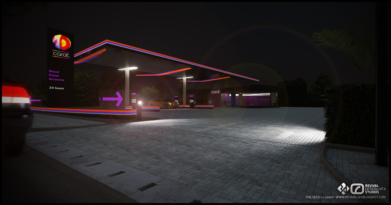 The carat station after dark: magenta and violet light tracing the canopy edge and the totem, the pump island lit cold white and the signage glowing against a black sky.