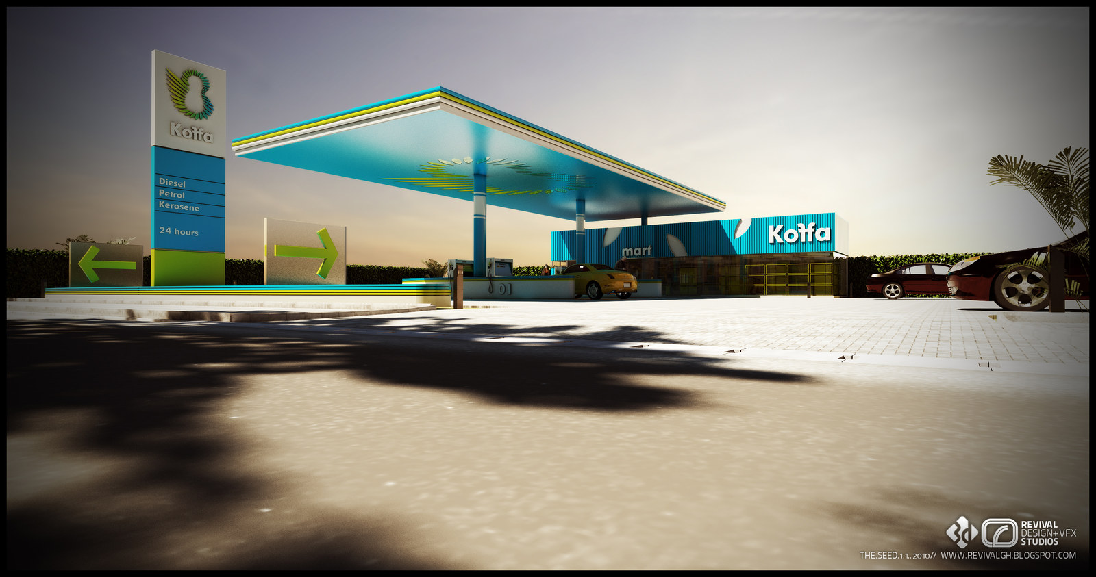 A third route at dusk: a teal canopy with yellow-green trim over the pumps, a white totem with a green leaf mark, and a glass-fronted mart kiosk lit from within.