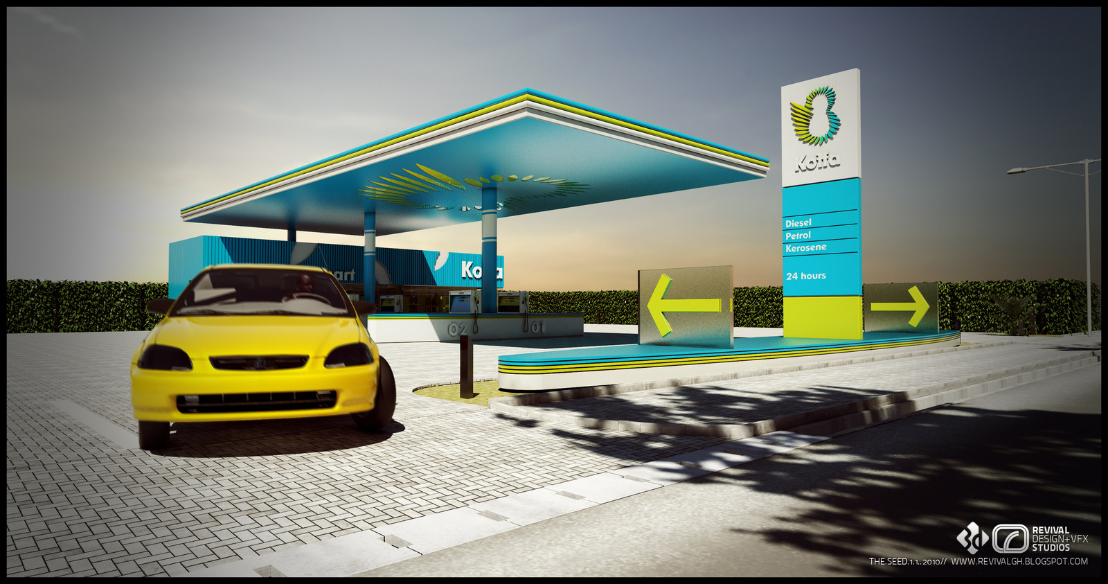 The same station by day from the left: a yellow saloon at pump 01 under the teal-and-lime canopy, the totem reading across the forecourt and a low hedge closing the site.