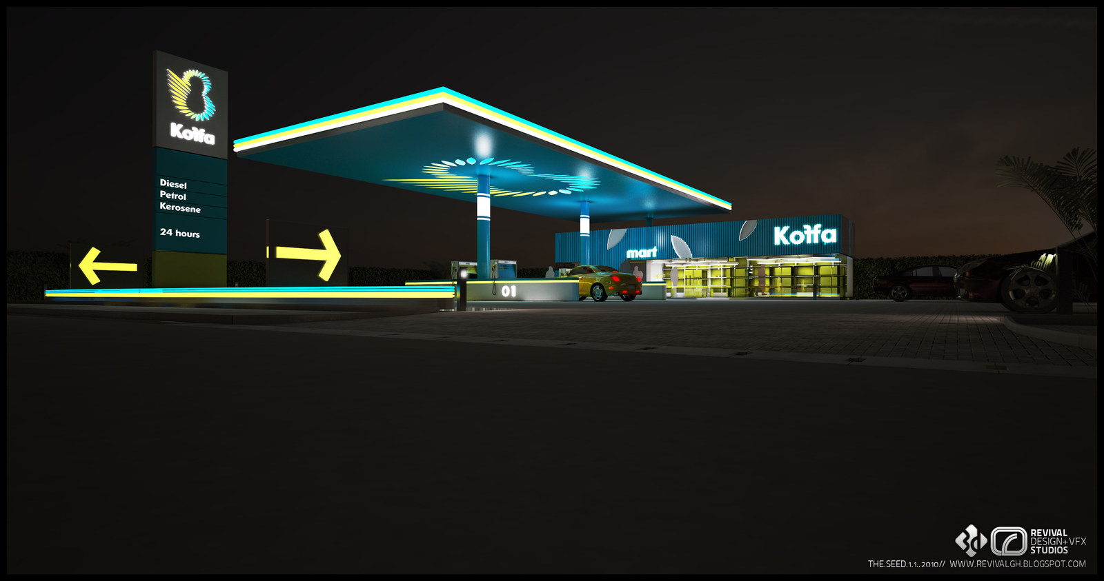 The same station at night: the canopy underside alight in green, yellow arrows glowing toward the road, and the mart kiosk and pumps lit behind them.