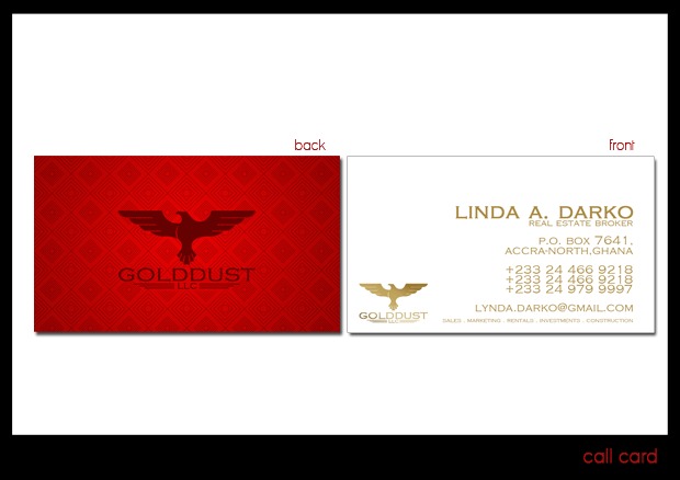 Two GoldDust LLC business cards on a white mount labelled back and front: the back is deep red with a tonal diamond pattern and a dark red spread-wing eagle above the wordmark, the front is white with the same mark in gold beside the name LINDA A. DARKO, REAL ESTATE BROKER, a P.O. box for Accranorth, Ghana, three +233 numbers, an email address and a line of services along the foot.