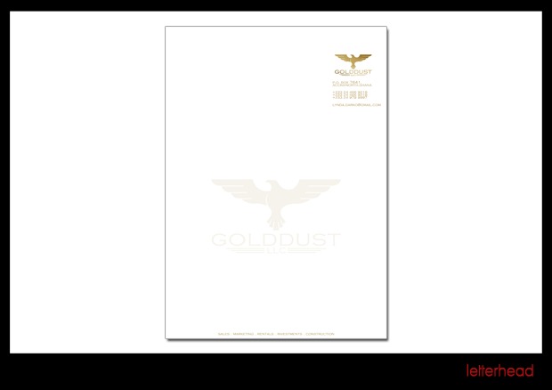 A white GoldDust LLC letterhead on a grey shadow: a small gold eagle lock-up and wordmark sit at the top right above the address, phone numbers and email, the same lock-up repeats as a pale watermark across the middle of the sheet, and the sales, marketing, rentals, investments and construction line runs along the foot.
