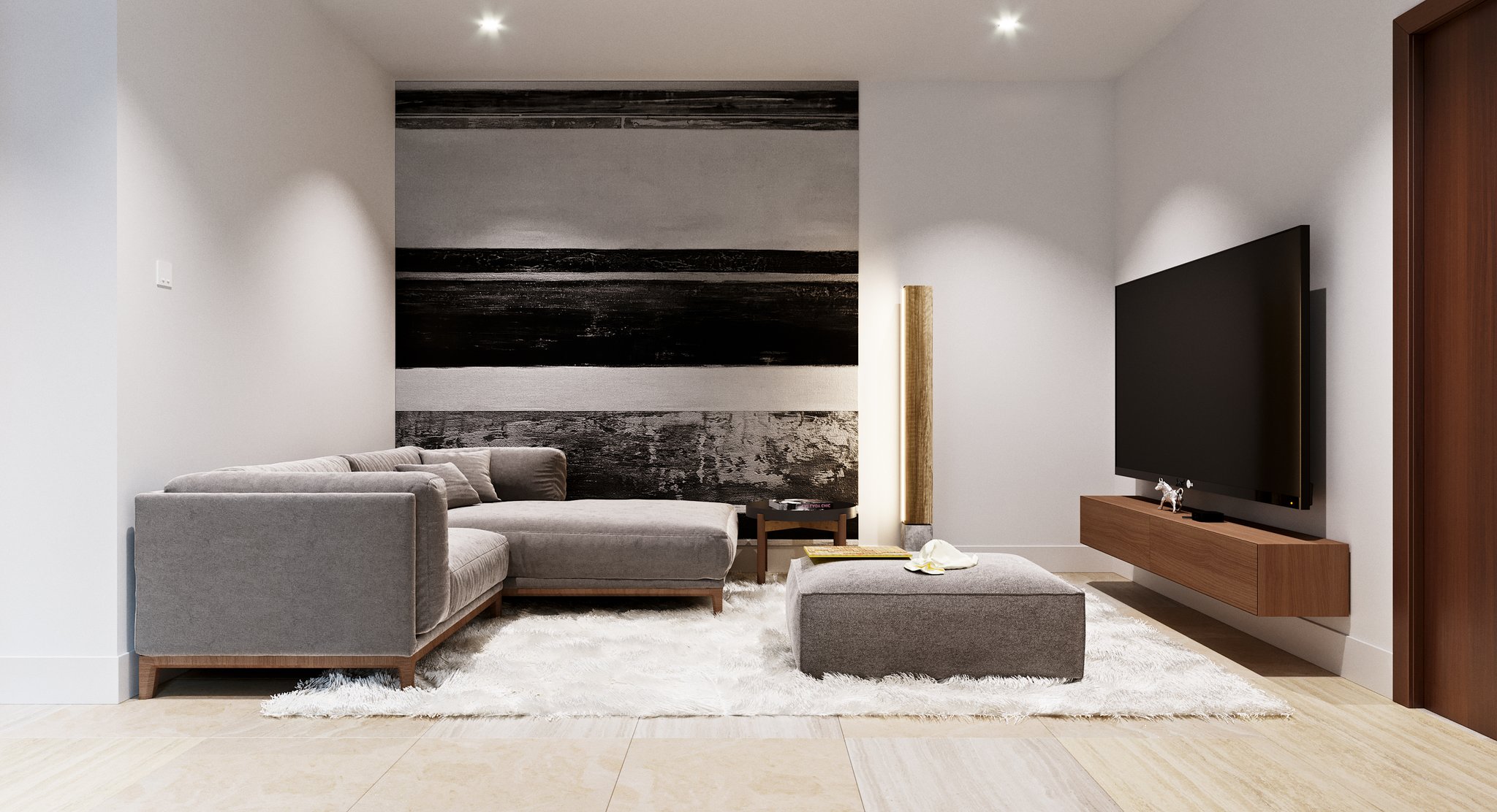 The Hamlet lounge head-on: the same grey L-shaped sofa and ottoman on a white shag rug before the slatted feature wall, the floating oak console below the wall-mounted TV, and oak flooring running to a glazed wall at the left.