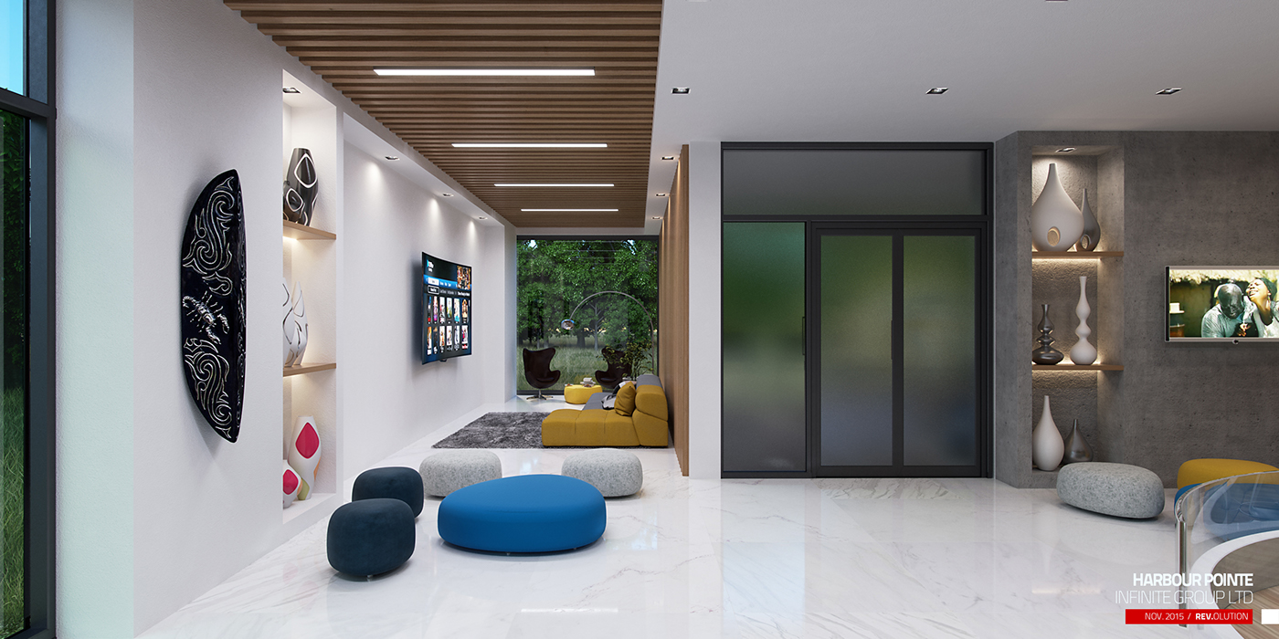 Harbour Pointe waiting lounge: blue, charcoal and stone ottomans scattered on white marble under a timber baffle ceiling with linear lights, lit niche shelving of sculptural vases and a wall-mounted screen on the white wall, a frosted sliding door at the right and a yellow sofa by the planting beyond