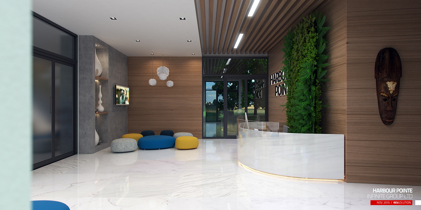 Harbour Pointe reception: a curved backlit white marble desk on a polished marble floor against a timber-slatted wall carrying the HARBOUR POINTE letters, a vertical planted panel and a carved mask, with blue, yellow and grey poufs and paper pendant lamps grouped near a wall-mounted screen