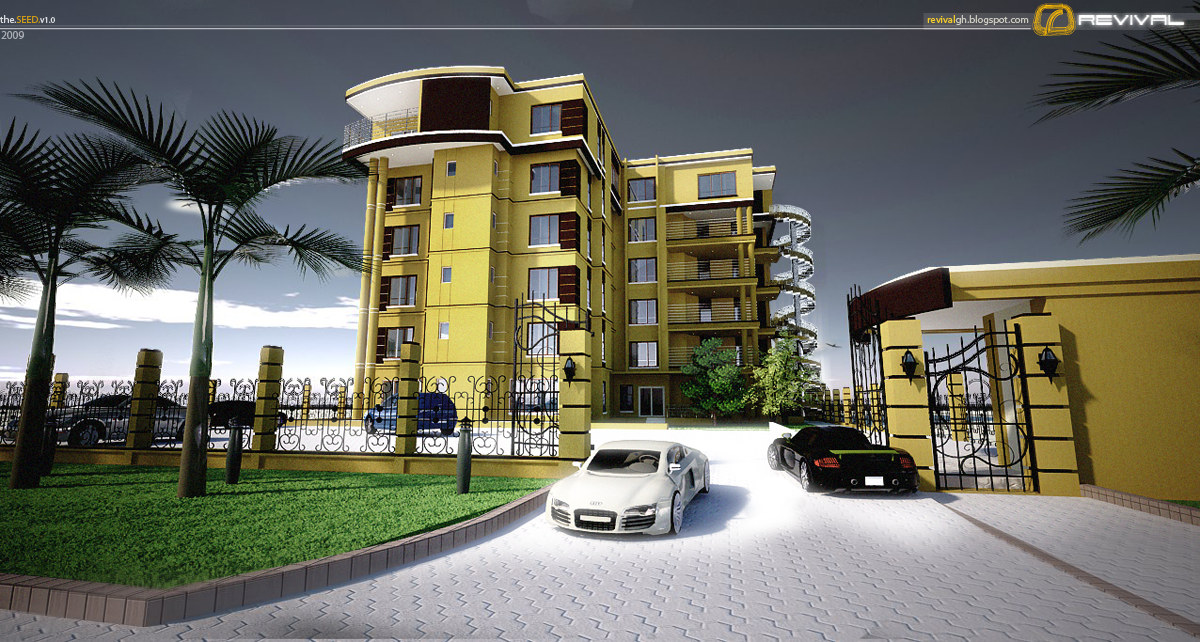 A street-level view through the compound&rsquo;s wrought-iron gates at the apartment block: an ochre facade banded in dark brown, with a curved bay on the left crowned by a hipped tiled roof and a broad white eaves, rows of cantilevered balconies with slender rails, and an external spiral stair climbing the far end; two cars sit on the paved court in the foreground, palms frame the left side, and the frame carries the studio&rsquo;s the.SEED.v1.0 / 2009 mark at the top.