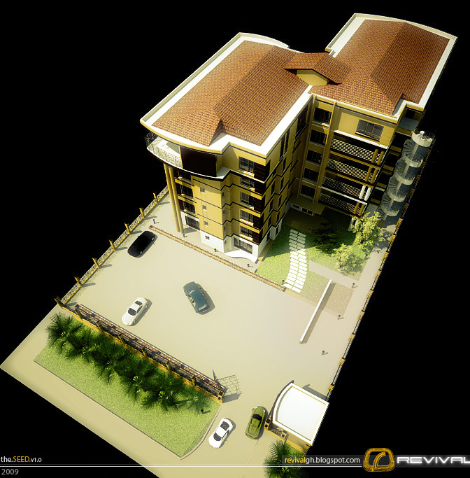 An axonometric site model of the same development set on a black ground: the H-shaped block with its tiled hipped roofs and curved white eaves seen from above and one corner, its external spiral stair at the right, a fenced compound with a parking court and four cars in front, a row of palms along the boundary and a detached gatehouse at the corner.