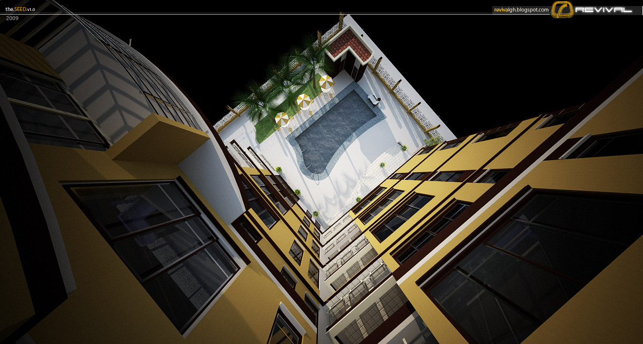 A worm&rsquo;s-eye view from the base of the courtyard looking straight up the well between the wings, the balconies and windows converging towards the camera, while at the top of the frame the pool deck, parasols and palm crowns are seen laid out below against a black sky.