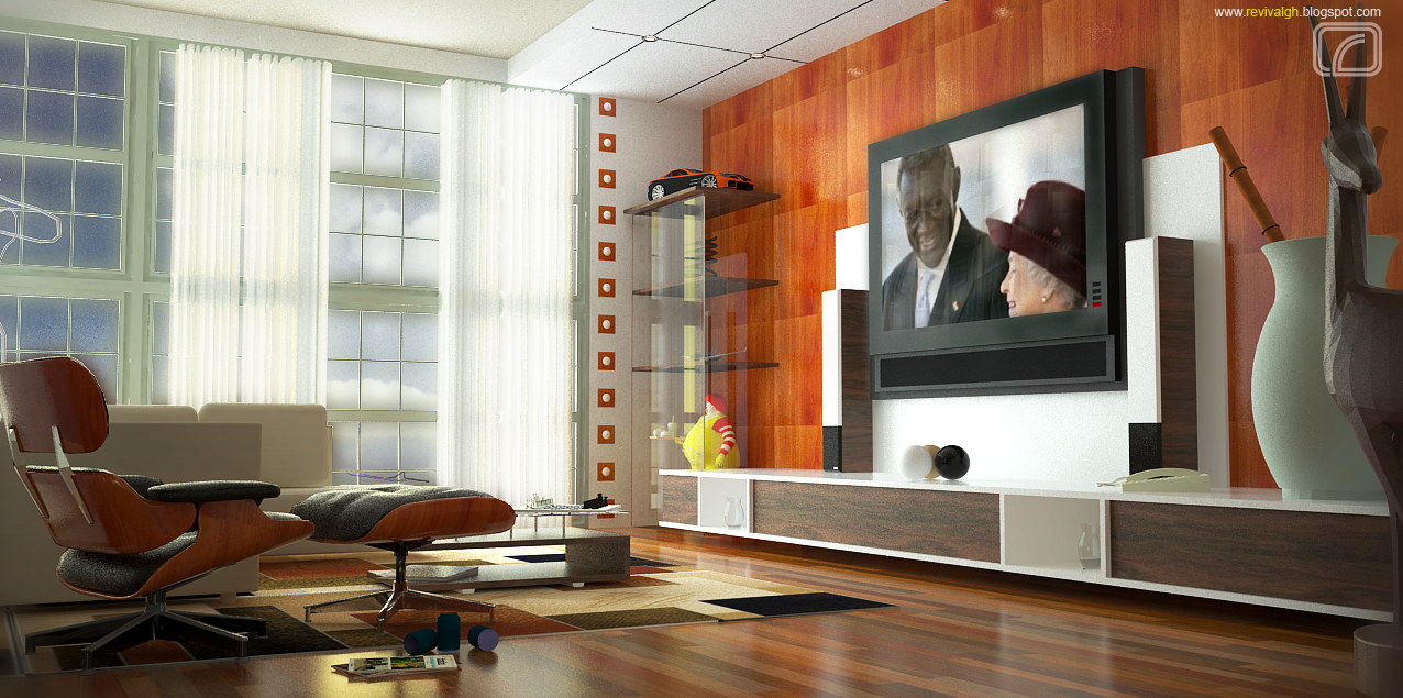 The living room, built around a media wall of warm wood panels with a television inset above a long low white cabinet: an Eames-style lounge chair and ottoman in reddish leather sit on a parquet floor at the left, glass shelves and a bank of tall windows with sheer curtains run along the other walls, and a framed photograph is set into the panelling.