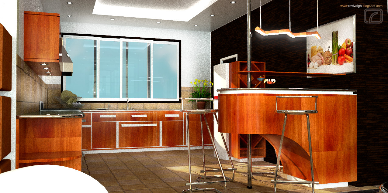 The kitchen, dressed in figured cherry-wood fronts with pale worktops: a run of base and wall units with a hob and extractor under a wide window at the left, and a curved breakfast island with two chrome bar stools under a cluster of angular pendant lights at the right, against a dark textured wall.