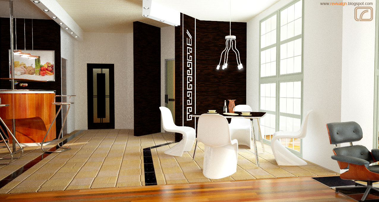 The dining room: a small round table with three white sculptural shell chairs on a striped timber floor, lit by a multi-shade pendant under a skylight, with a dark wall panelled in a white Greek-key motif at the centre, tall windows along the right, and the curve of the kitchen island and a lounge chair visible at either edge.
