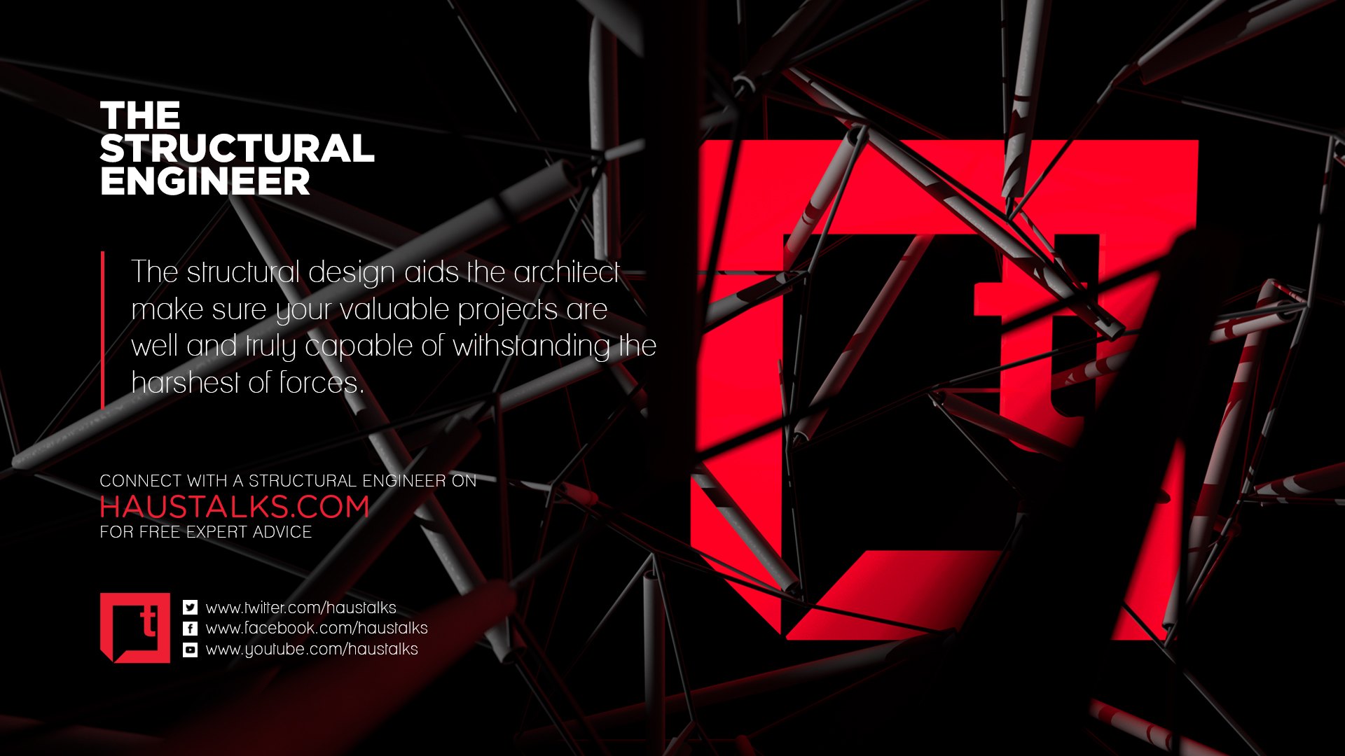 Structural engineer plate: the red bubble behind a dark steel space frame with red-rimmed, red-and-white banded struts crossing it, and the campaign copy in a left column