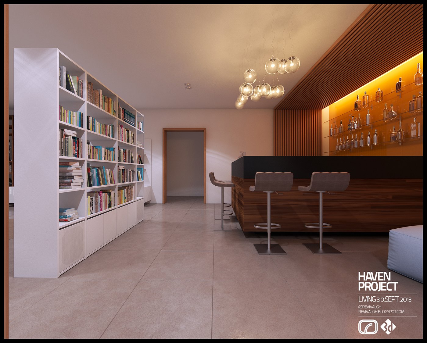 A rendered open-plan living space with a home bar, its back wall of bottles glowing amber behind a dark counter and bar stools. A slatted wood ceiling above carries a cluster of bubble pendants, and a tall white bookshelf lines the left.