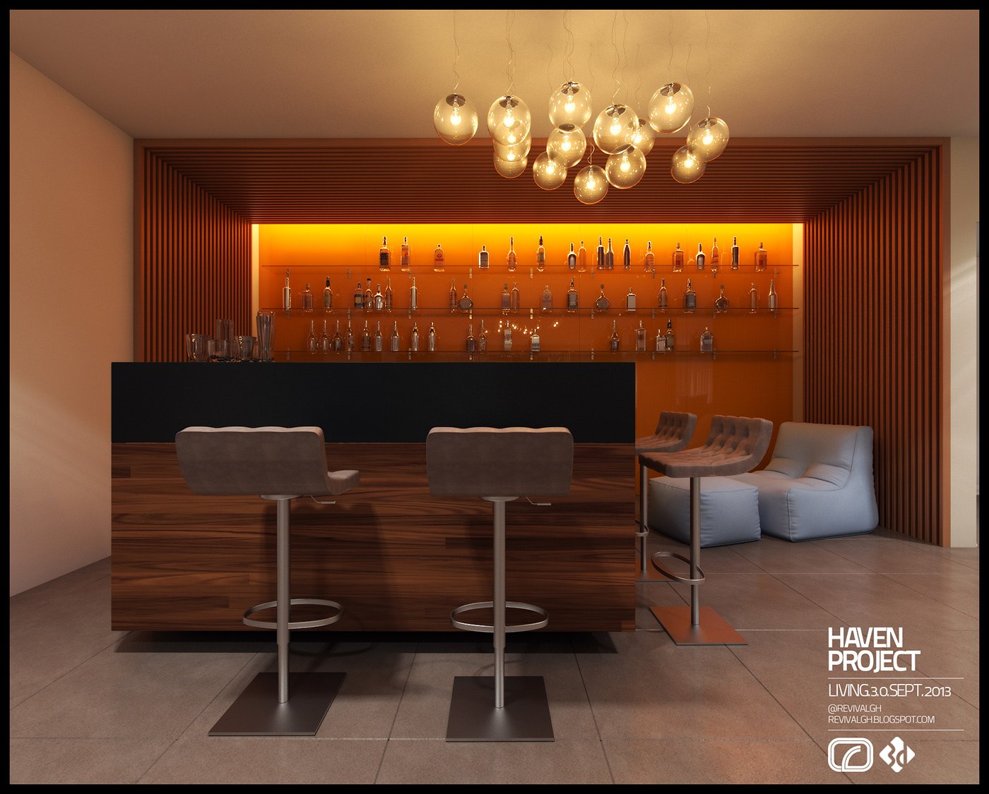 A closer rendered view of the bar, the amber backlit bottle display framed by a warm timber slat surround. A dark counter with two metal bar stools sits in front, a bubble pendant chandelier hangs above, and a grey lounge chair appears at the right.