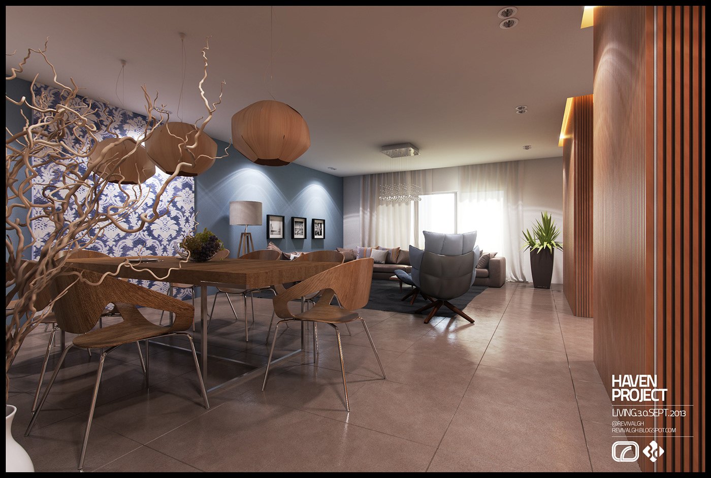 A rendered dining and living area with a wood dining table and tan leather chairs on a warm tile floor. A patterned blue-grey feature wall and a round paper pendant anchor the space, with a grey lounge chair and plant at the right.