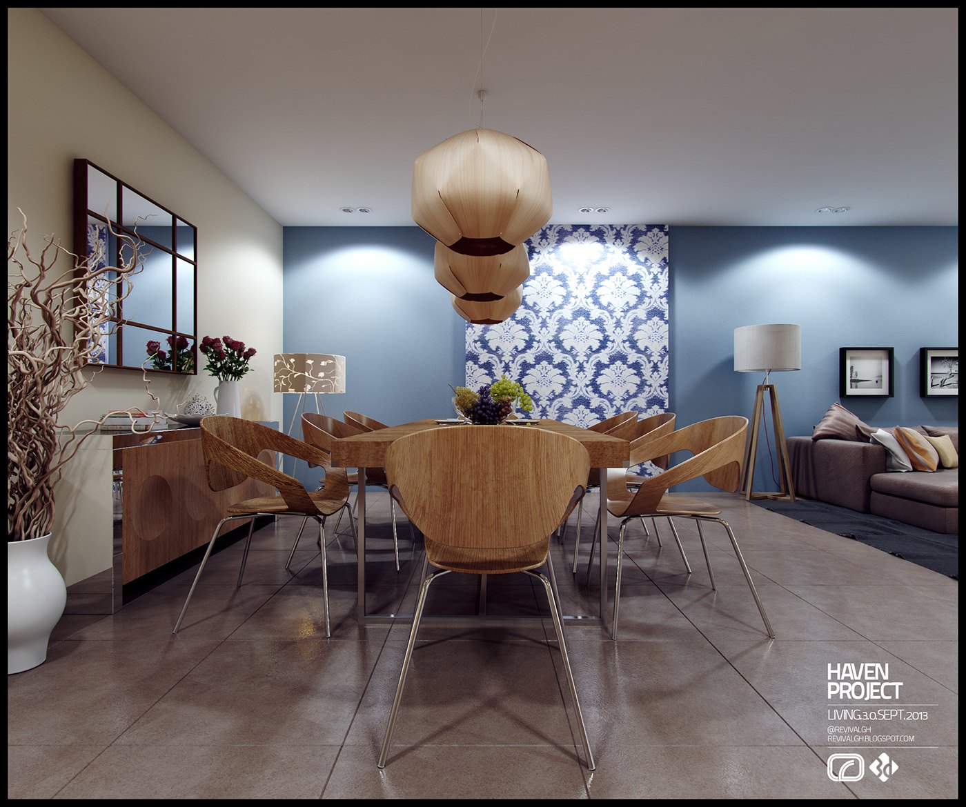 A rendered dining room against cool blue walls, a wood table with molded plywood chairs and a layered paper pendant above. A white damask patterned panel forms the feature wall, a sideboard and framed art sit behind, and a sofa is glimpsed in the corner.