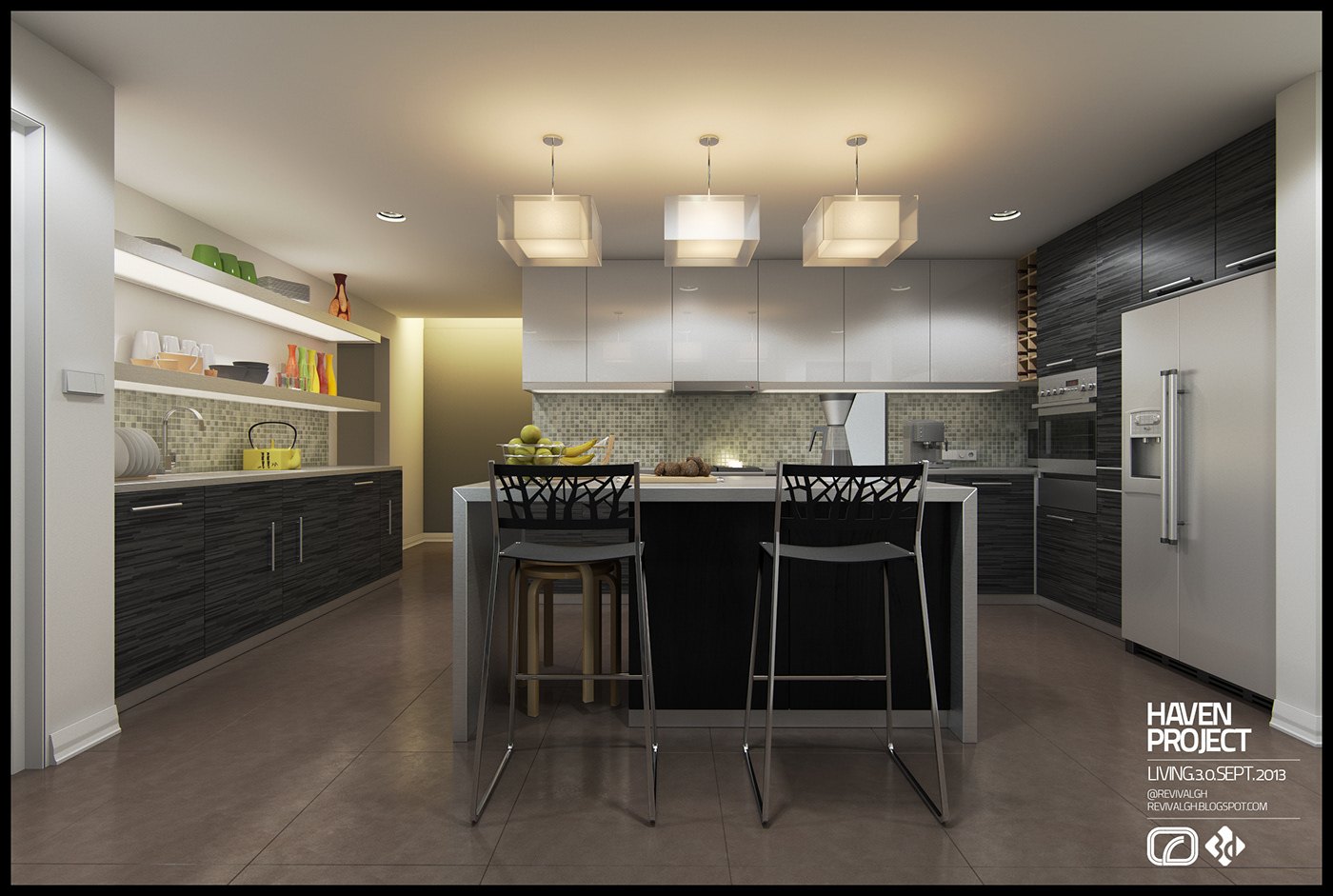 A rendered kitchen with white upper cabinets and dark lower units, a central island with two black bar stools, and stainless appliances including a tall fridge. Three square pendant lights hang over the island, an open shelf glows at the left, over a grey floor.