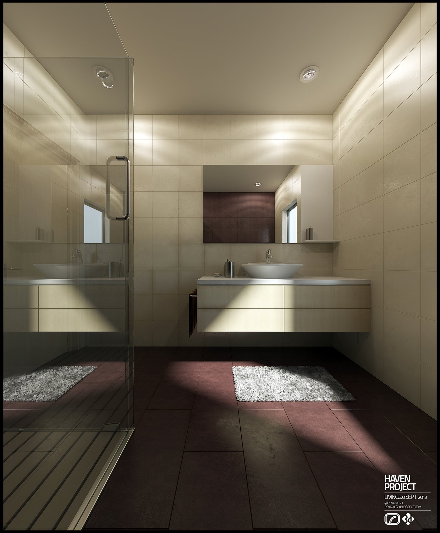 A rendered bathroom in pale stone tiles, a glass shower enclosure at the left and a floating vanity with a wide mirror on the right. Recessed ceiling lights and a soft cove glow warm the room, with a grey bath mat on the dark floor.