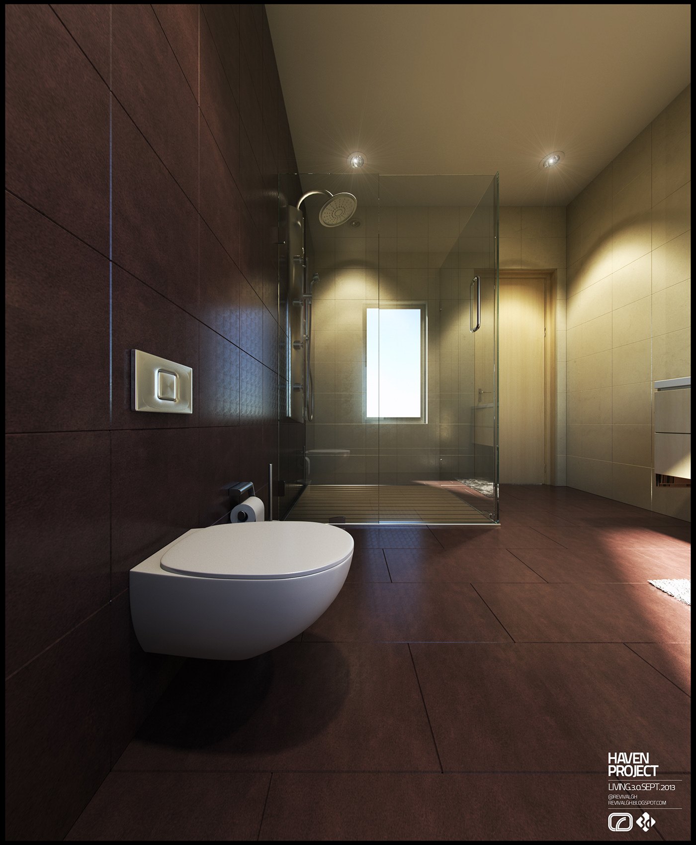 A rendered cloakroom or bathroom clad in dark brown tiles on walls and floor, with a wall-hung white toilet and a glass shower enclosure beyond. A small window and warm recessed lighting give the compact space a moody, spa-like atmosphere.