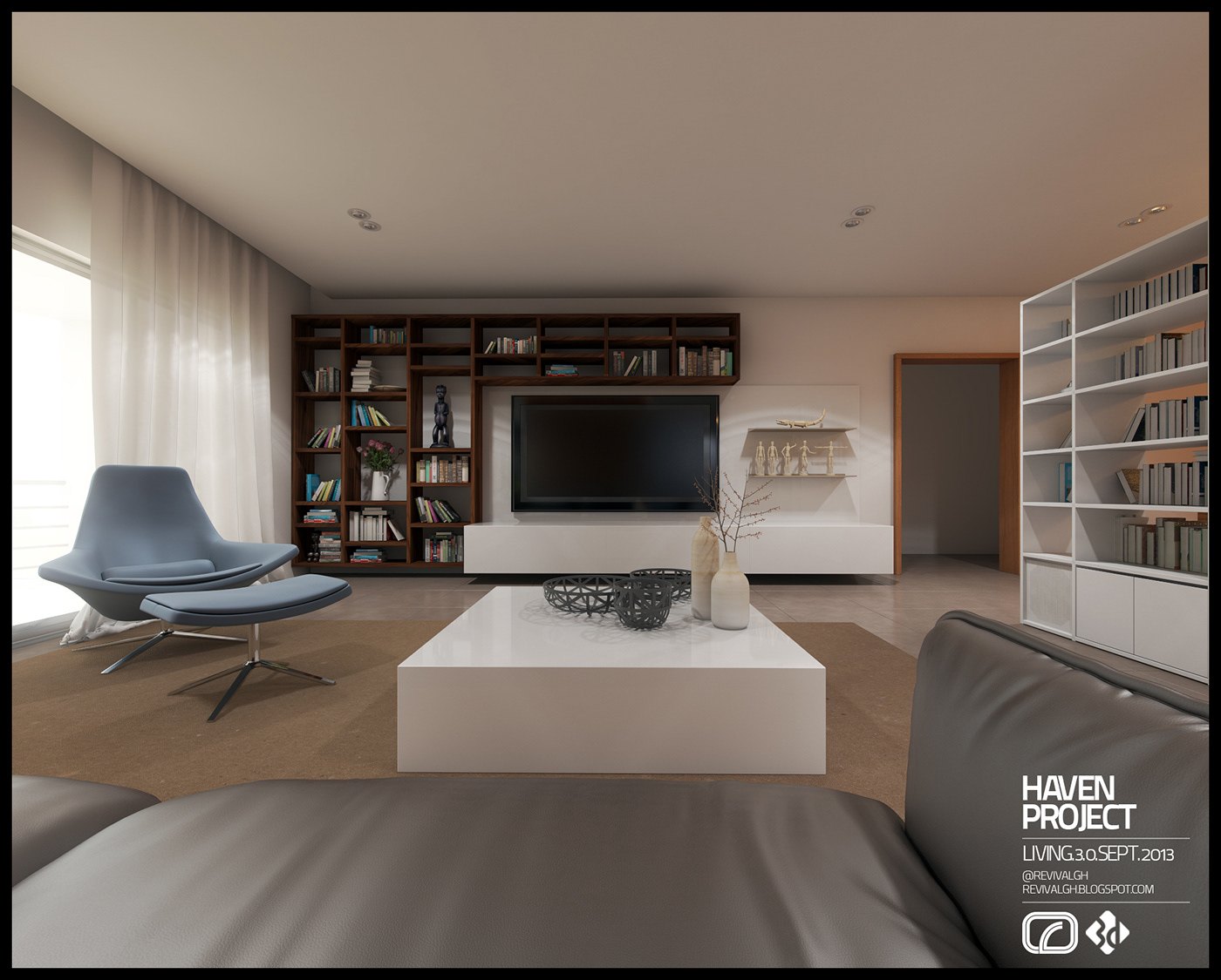 A rendered bedroom and study, the foot of a bed in the foreground facing a dark wood media wall with a television and shelving. A blue lounge chair and white coffee table sit on the timber floor, with a tall white bookshelf and sheer curtains.