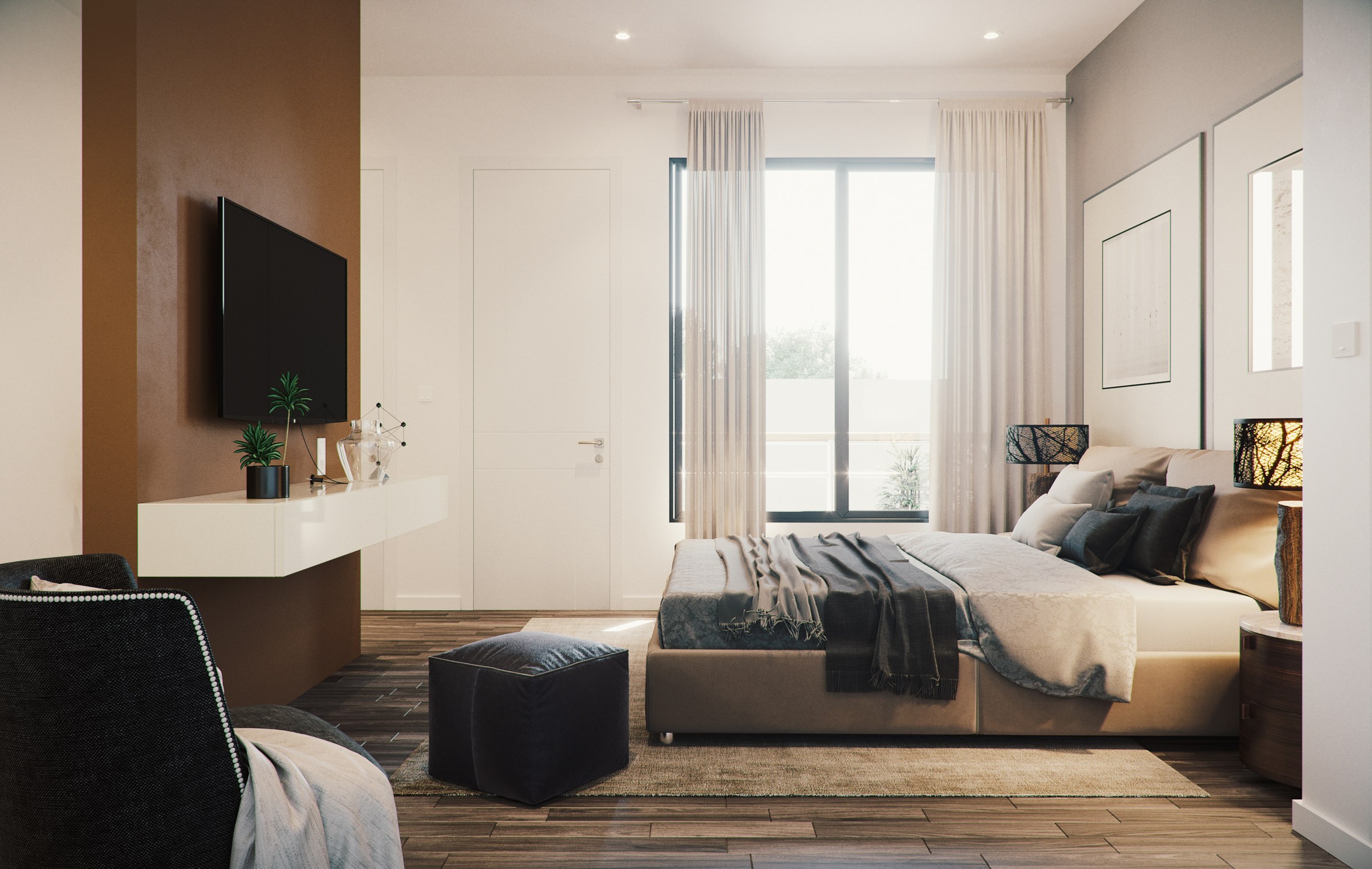 A rendered modern bedroom with a low bed dressed in grey and taupe linens, against a chocolate-brown accent wall carrying a wall-mounted television above a floating white console. Sheer curtains frame a tall window, and a black ottoman sits at the foot.