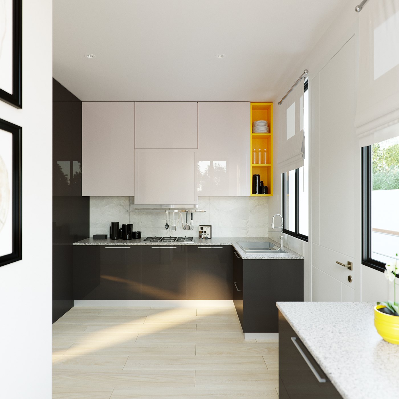 A rendered kitchen with dark lower cabinets, pale handleless uppers and a bright yellow open shelf as an accent. Light quartz counters and a splashback run along the wall, a window and door bring in daylight, and a breakfast table is visible at the right.