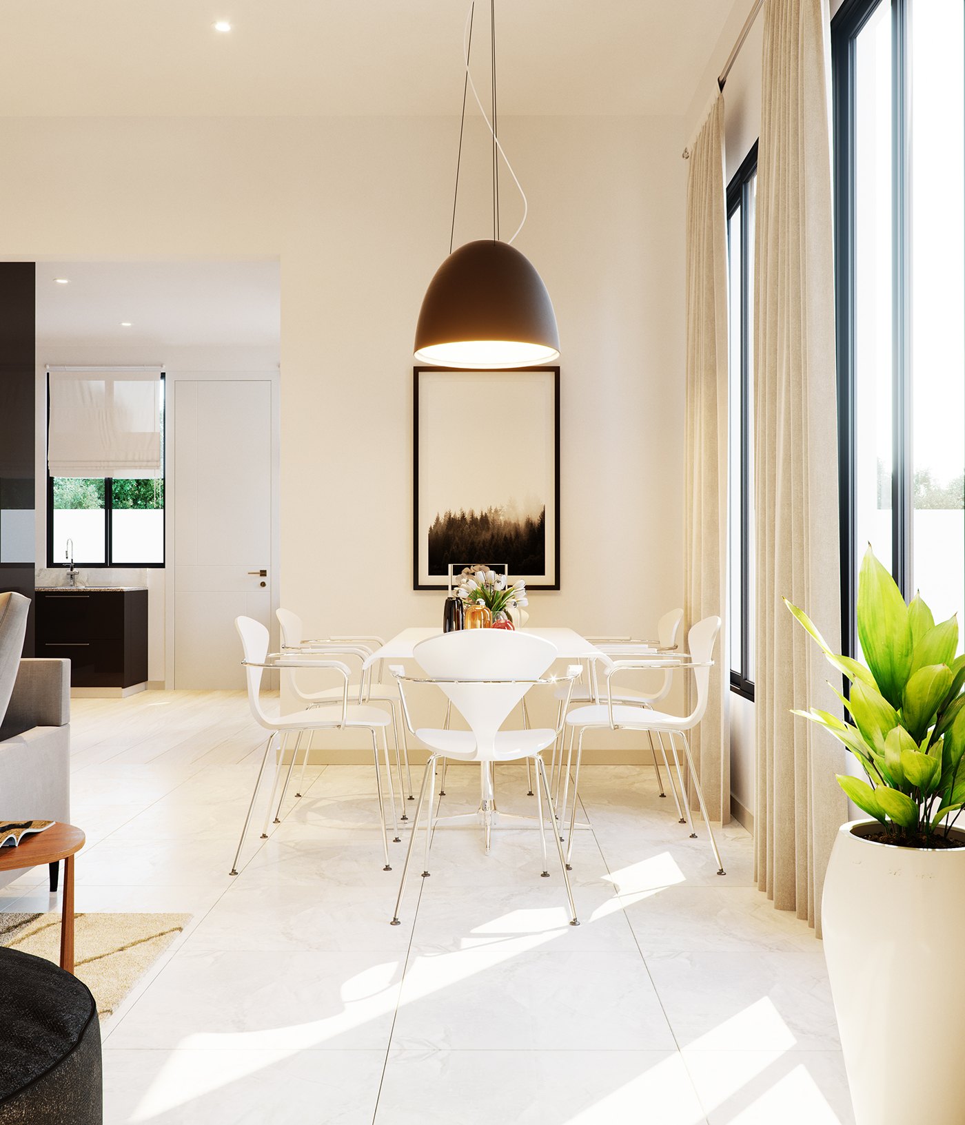 A rendered dining space flooded with daylight, a white round table with white molded chairs beneath a dark dome pendant. A framed black-and-white picture hangs on the wall, sheer curtains soften tall windows at the right, and a leafy plant sits in the foreground.