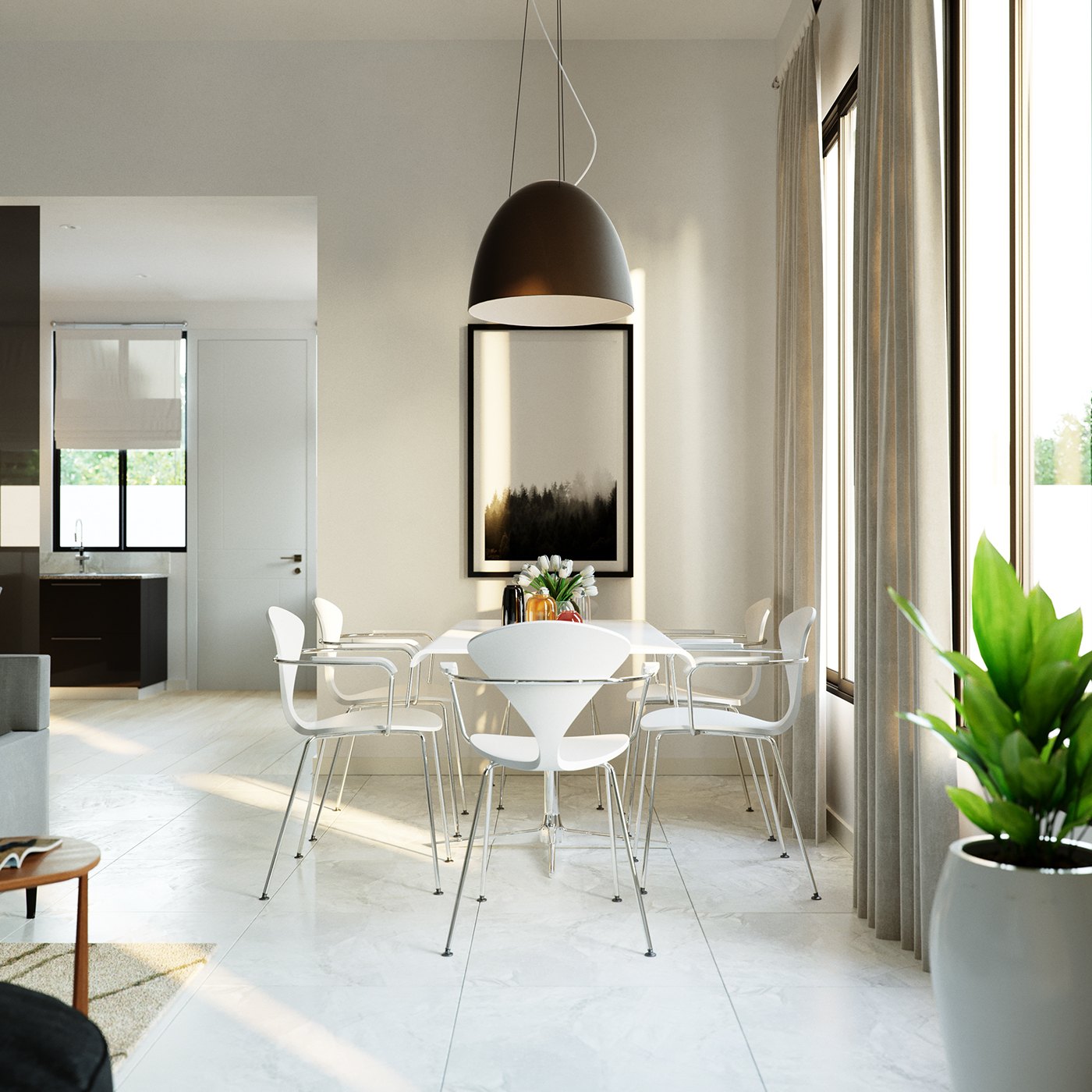 A rendered dining room in bright white, a round white table with molded chairs under a black dome pendant. A framed forest picture hangs on the wall, tall windows with sheer curtains light the pale floor, with a potted plant in the foreground.