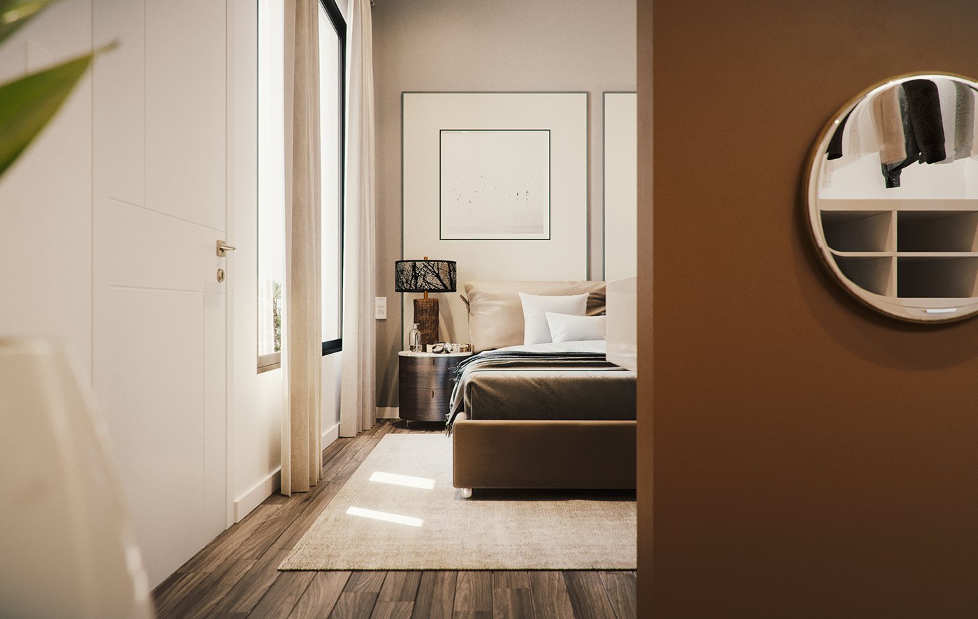 A rendered view along a narrow bedroom, the low bed against the far wall with a round mirror on a brown panel. Tall windows with sheer curtains run along the left, a small side table holds a lamp, over a pale rug.