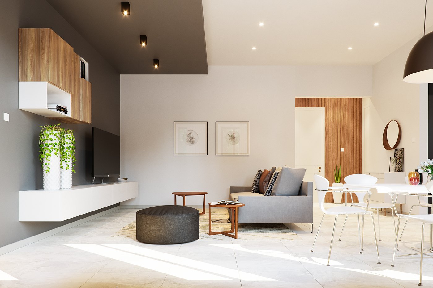 A rendered open-plan living and dining space in bright white, a grey sofa and cushions at the left and a white dining table with molded chairs at the right. A timber cabinet wall, floating console with greenery and a round mirror complete the minimal interior.