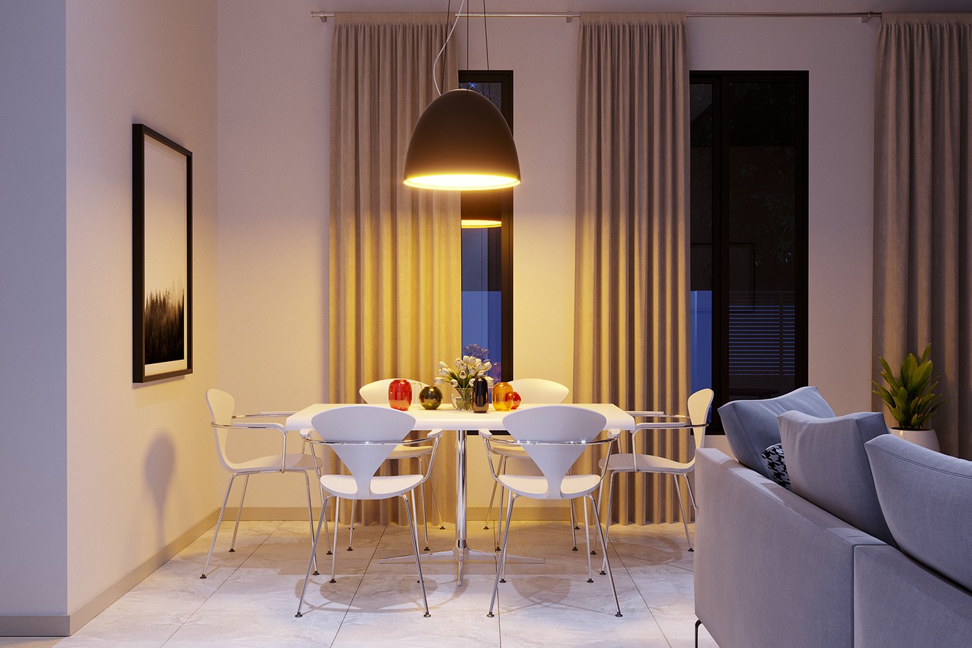 A rendered dining area at dusk, a white round table with molded chairs beneath a black dome pendant. Mauve curtains glow warm behind, a framed picture hangs on the left wall, and a grey sofa sits in the foreground for a soft evening mood.