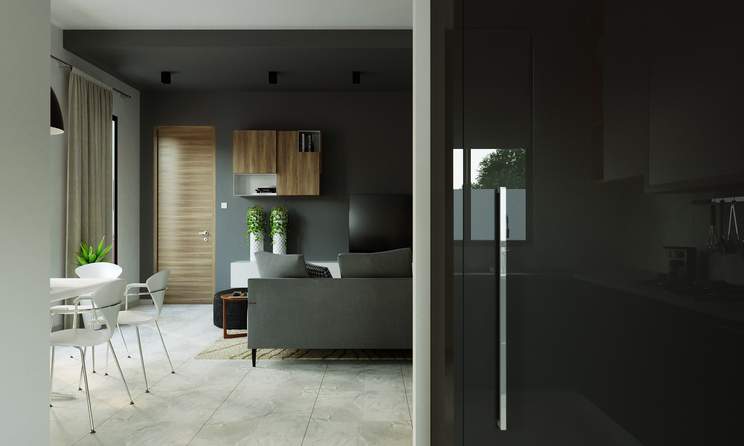 A rendered living space seen through an opening, a grey sofa against a dark feature wall with a timber cabinet above, and a white dining set to the left. A glass door reflects at the right, and recessed ceiling spots light the pale floor.