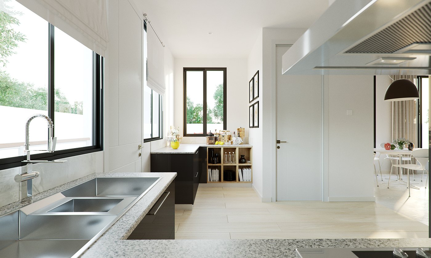 A rendered kitchen looking toward the dining area, white cabinets and a long stainless double sink set beneath a row of windows. A dark island sits to the right, an open shelf holds bottles, and a white table with chairs is glimpsed through the opening.