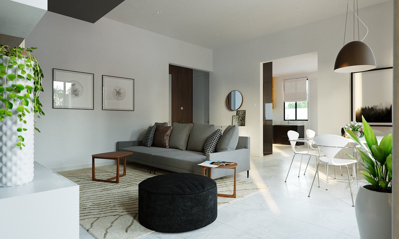A rendered bright living room, a grey sofa with cushions and a black round pouf on a pale rug, small timber side tables flanking it. Framed art hangs on white walls, a white dining set sits to the right under a dome pendant with plants.