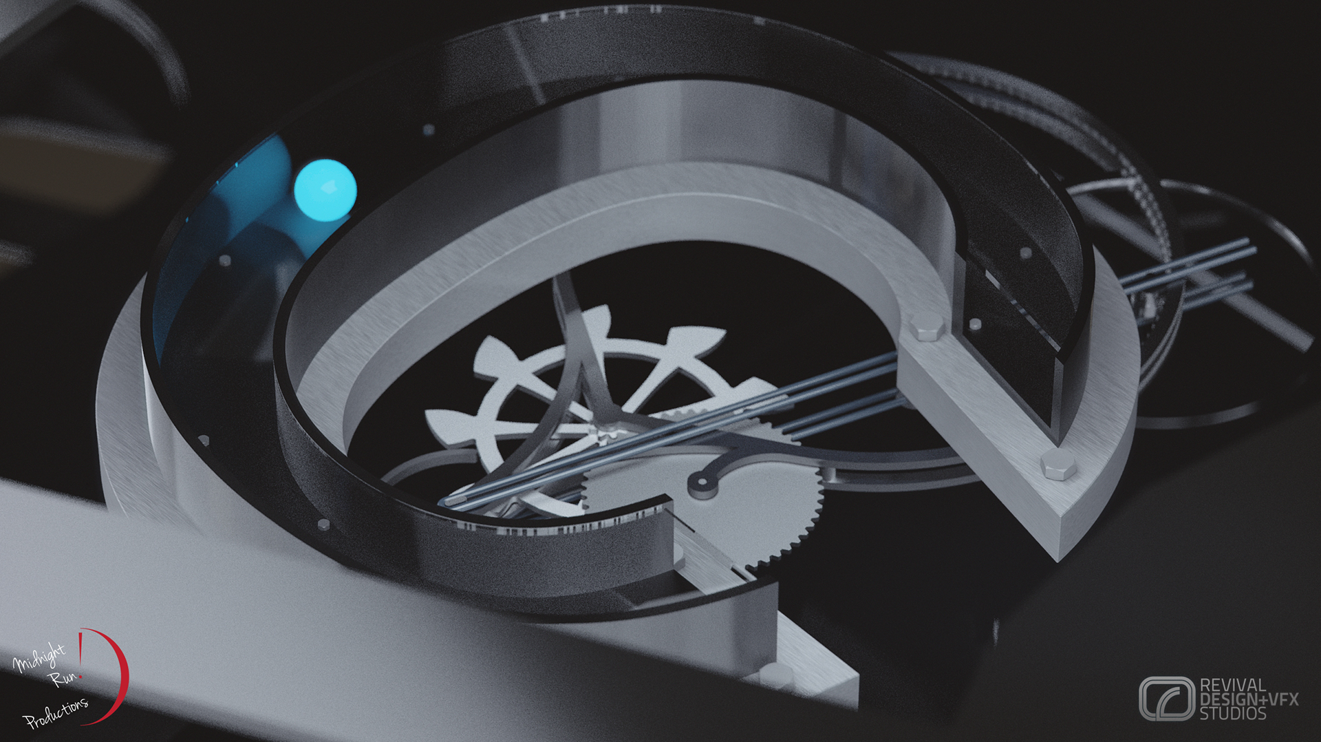 HFC TVC CGI close-up: cutaway silver gear housing with a ship-wheel gear and a glowing blue ball, dark background, Midnight Run and Revival Design+VFX credits.