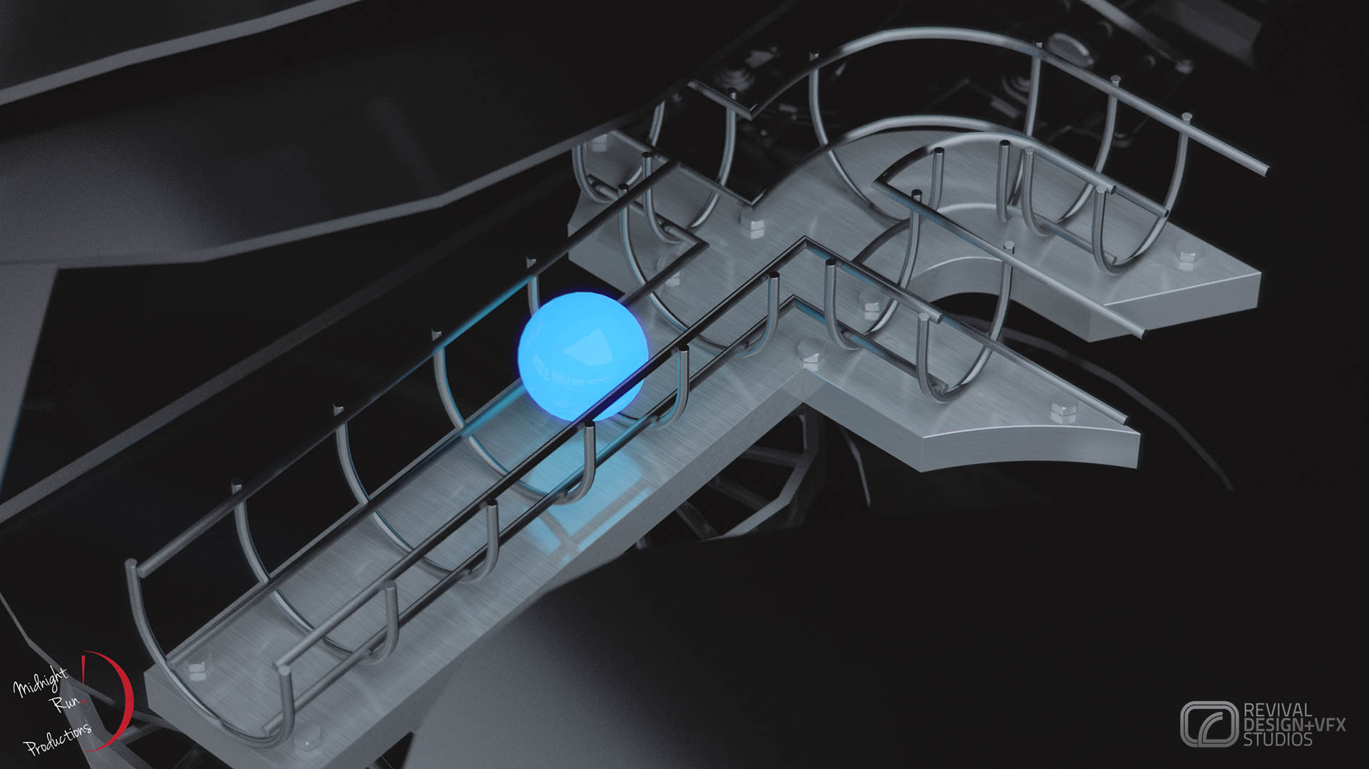 HFC TVC CGI wide shot: a glowing blue ball rolling along silver marble-run tracks with railings on a dark background, studio credit logos at the base.