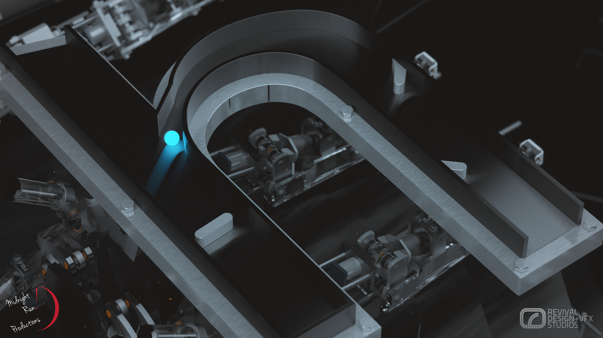 HFC TVC CGI overhead shot: silver hairpin curve track carrying the glowing blue ball over mechanical pistons, dark background, credit logos.