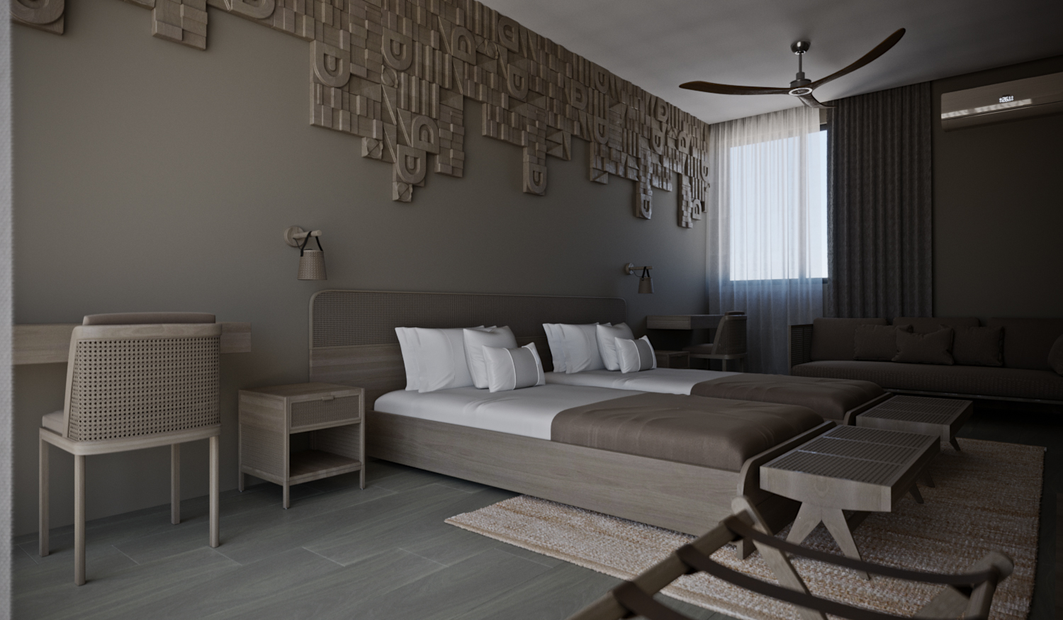 HGG twin guest room: two low oak beds with white linen and taupe throws under a carved timber relief panel, cane-front nightstands and a wall-hung desk, a ceiling fan turning above the sheer-curtained window.
