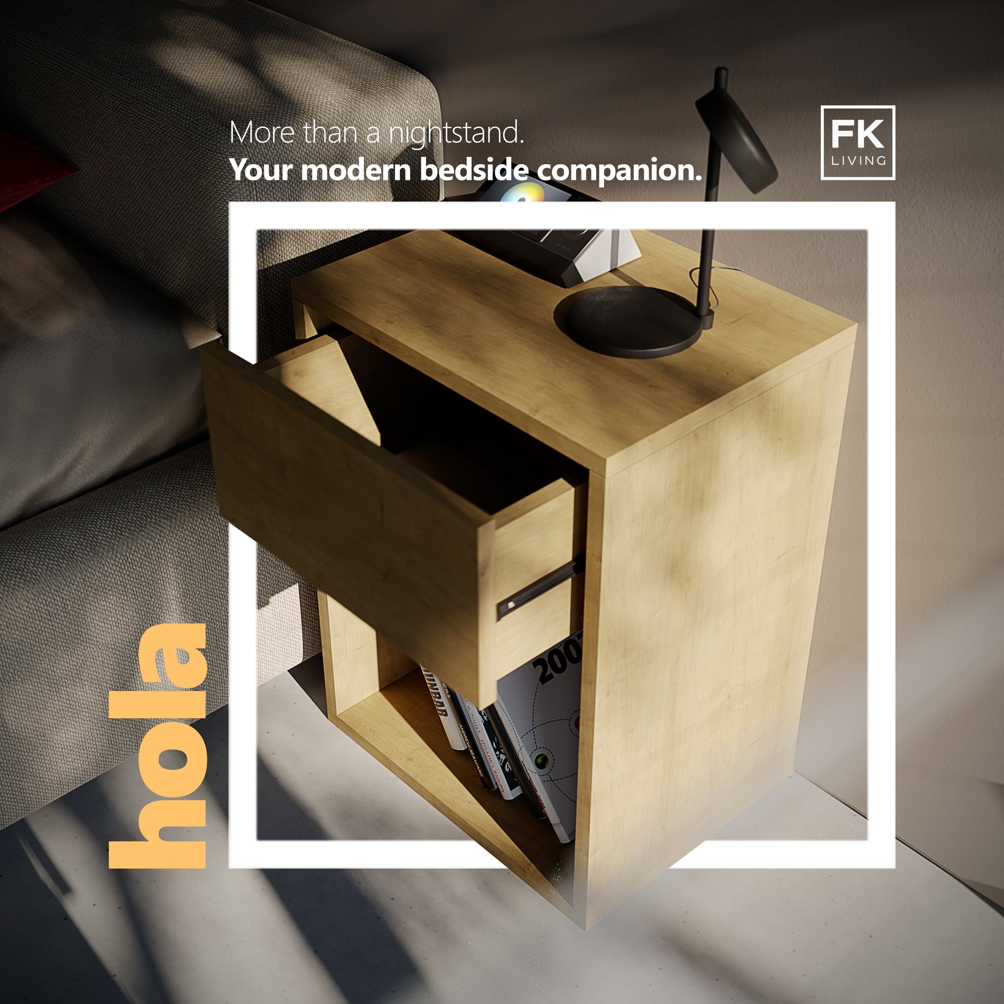 Hola nightstand from the same high angle with the top drawer pulled open and empty, laid out inside a white frame carrying the FK Living logo and headline text.