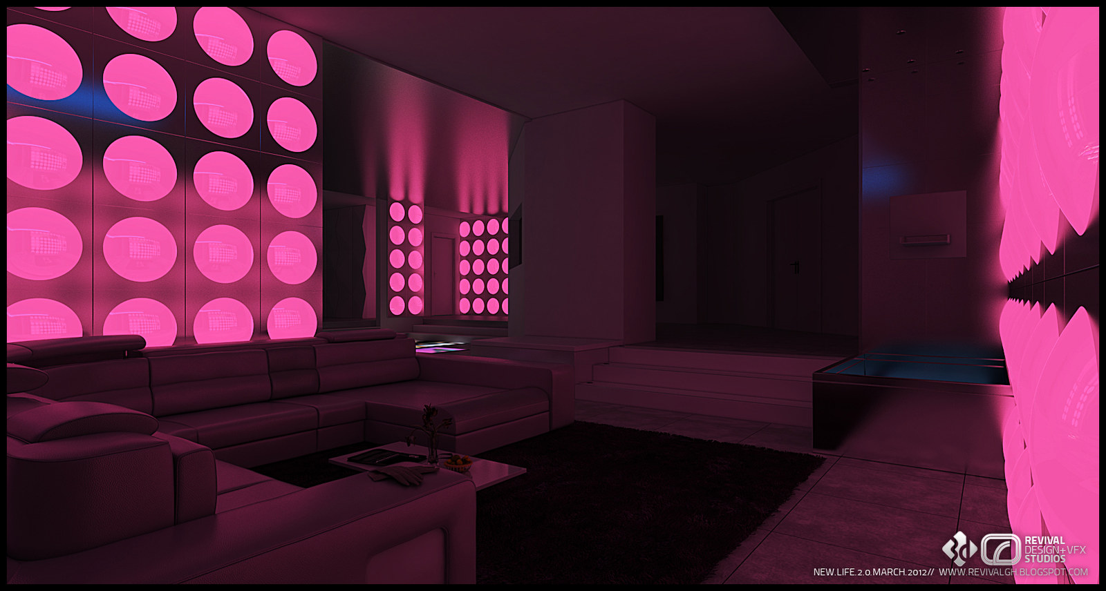 Lounge interior: a curved sectional in pale upholstery faces a full wall of backlit pink circular discs, with a low table on a dark rug and a short flight of steps to a raised area at the far end.