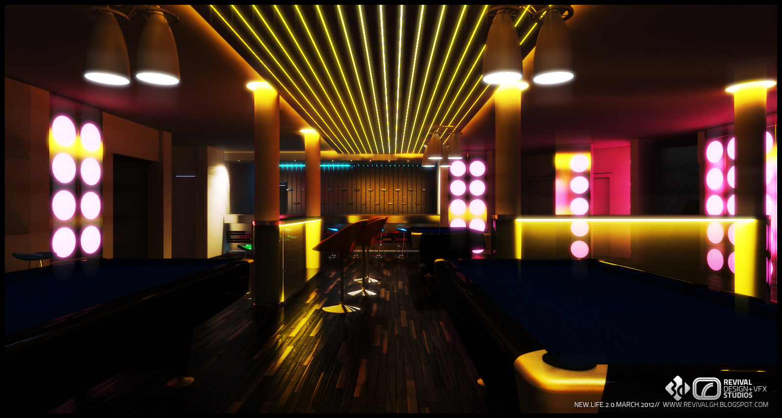 The bar and billiards hall from the opposite end: a radial ceiling of yellow-lit slats opening above the room, pendant clusters, and pink disc columns at either side.