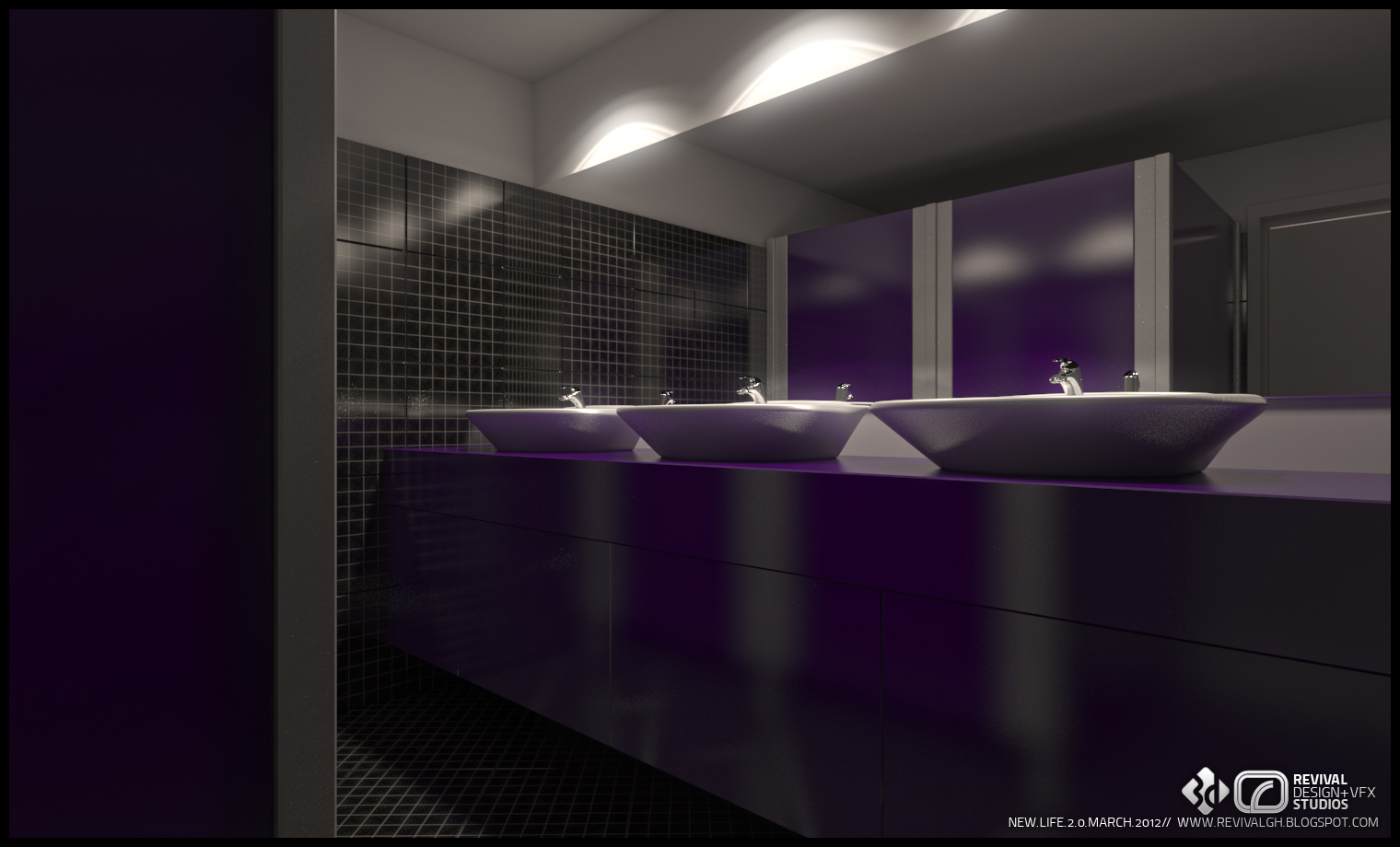 Washroom vanity: three white vessel basins sit along a glossy deep-purple counter under a mirror wall, with small dark mosaic tiles wrapping the side wall and a cove of light across the ceiling.