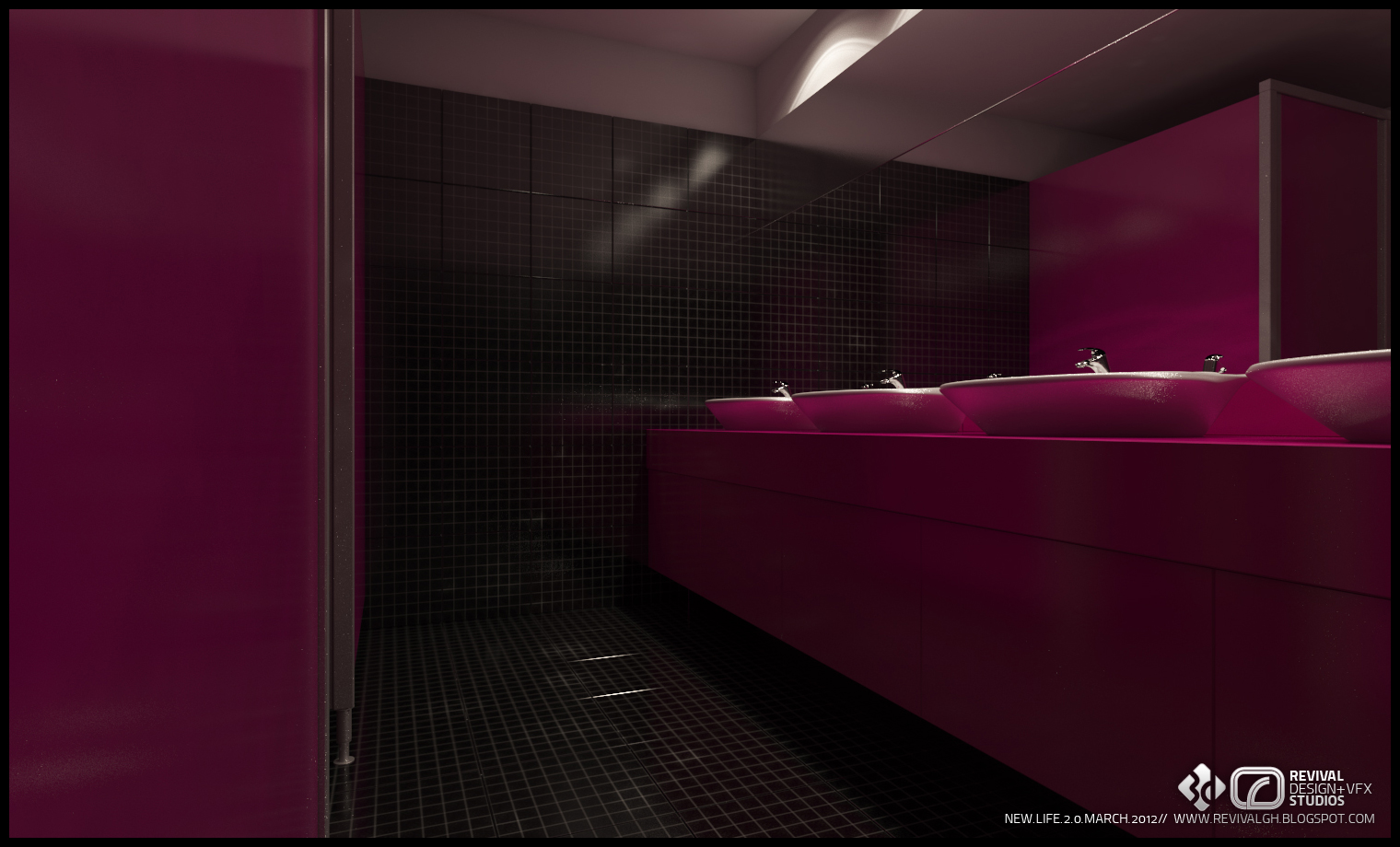 The same washroom from the other end: a long magenta vanity run with basins and mirrors, black mosaic tiling behind it and recessed slots lighting the ceiling.