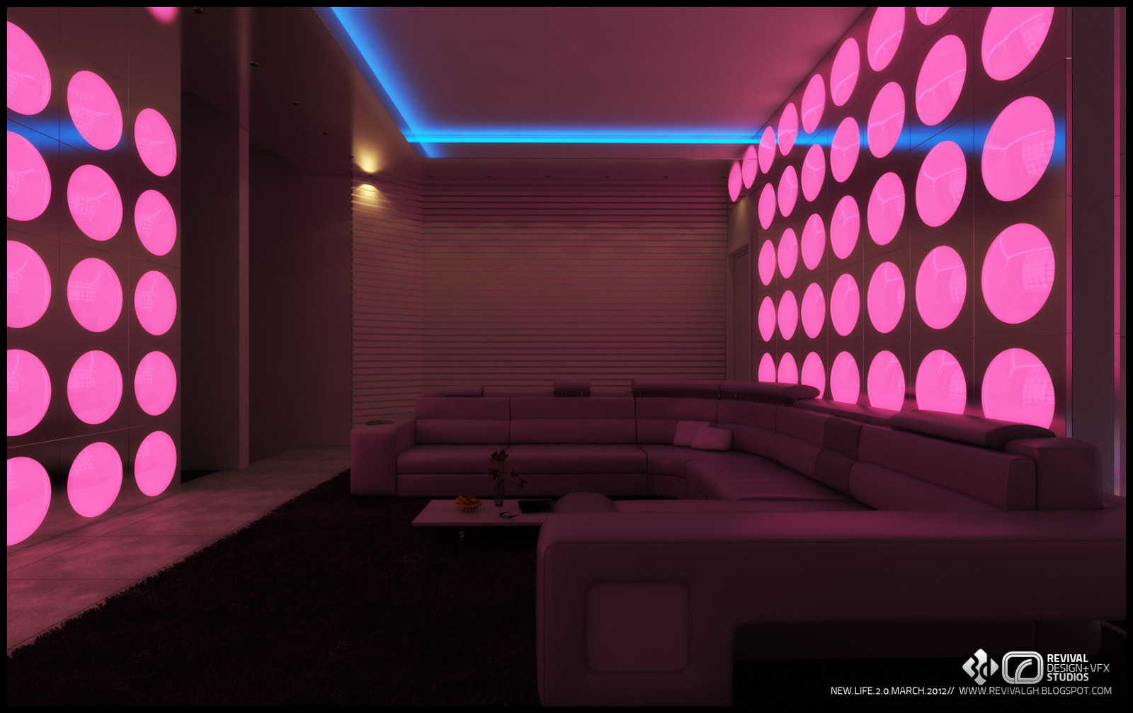 Booth seating lit from a wall of glowing pink discs, with a band of blue cove light tracing the ceiling recess above an L-shaped sofa and a low table.